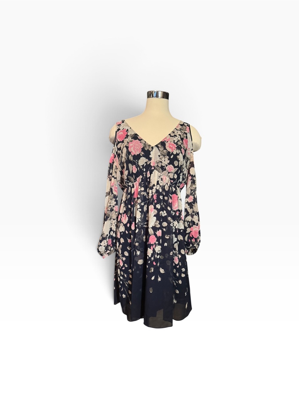 Navy Floral Cold-Shoulder Dress with Pink Blooms